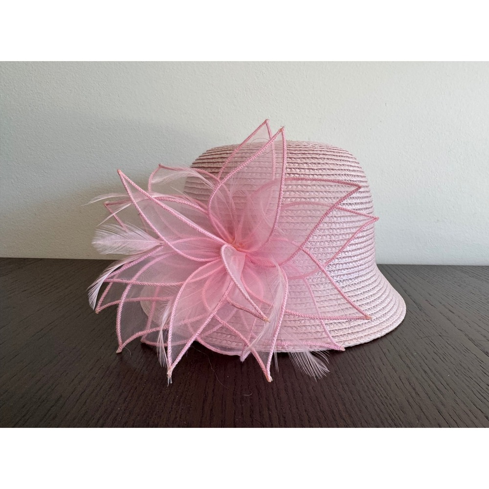 Kate Landry Pink Straw Cloche Hat Kids Girls One Size Mesh Flower Feather Accent